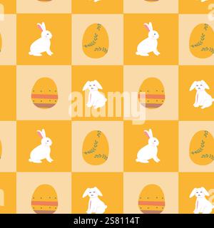 Happy easter geometric pattern with eggs and rabbits for festive design. Stock Vector