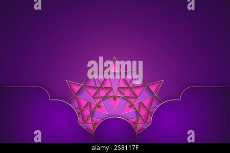 Luxury Sacred Mandala template. Geometric Flower design element isolated on purple background. Gold frame border pattern, copy space for text. Vector Stock Vector