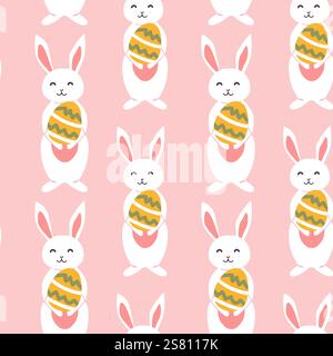 Cute easter bunny pattern with geometric eggs for holiday design and decoration. Stock Vector