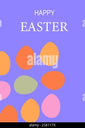 Colorful easter eggs on purple background with happy easter text. Easter card modern design Stock Vector