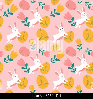 Happy easter bunny and egg pattern with floral geometry design. Stock Vector