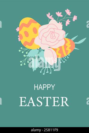Colorful easter egg and floral design on teal background. Easter abstract modern geometry card. Stock Vector