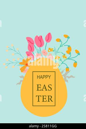 Colorful easter egg with spring flowers on light blue background. Easter abstract modern geometry card. Stock Vector