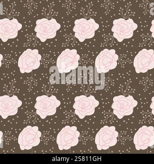 Seamless pink rose pattern on brown background. Stock Vector