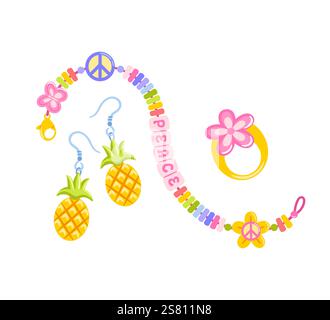 Design a vibrant DIY bracelet with letter beads showcasing a peace symbol, paired with pineapple earrings. Complete the look with a floral plastic rin Stock Vector