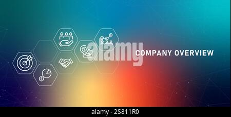 Company overview profile summary in brief corporate information gradient header introduction organization presentation Stock Vector