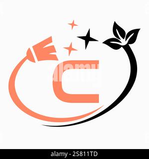Monogram Letter C Clean Symbol Concept With Cleaning Brush Icon Vector Template Stock Vector