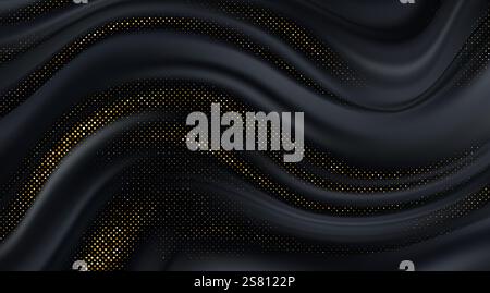 Abstract Black and Gold Wavy Pattern Background with Elegant Dotted Texture. Modern abstract design showcasing flowing black waves enriched with Stock Vector