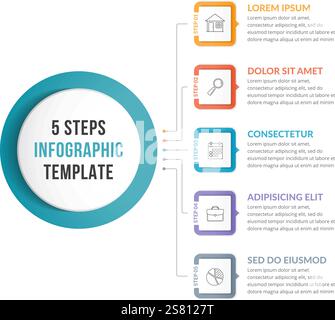 Infographic template with main idea and 5 steps or options, workflow or process chart, vector eps10 illustration Stock Vector