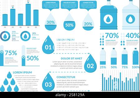 Water infographic elements - drops, bottles, graphs, percents, vector eps10 illustration Stock Vector