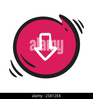 Round red button with white arrow. Vector element on white background. Hand drawn upload, download, direction icon Stock Vector