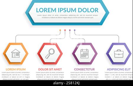 Infographic template with hexagons with main idea and 4 steps or options, workflow, process chart, vector eps10 illustration Stock Vector