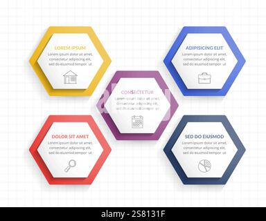 Infographic template with five hexagons with line icons, process chart, vector eps10 illustration Stock Vector