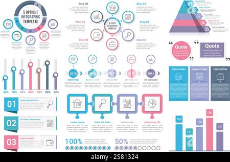 Infographic elements - circle diagrams, timeline, bar graphs, pyramid chart, steps, options, vector eps10 illustration Stock Vector