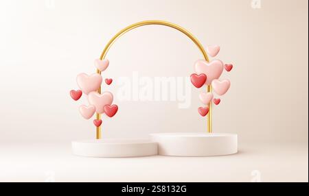 Floating 3D Hearts on a Minimal Platform for Romantic Displays. Stock Vector