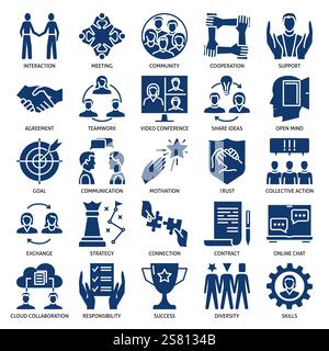 Partnership and cooperation icon set. Glyph symbols collection. Vector illustration. Stock Vector