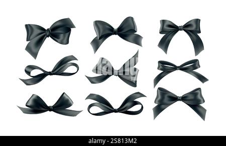 Elegant Black Bows Ribbon in Various Styles for Decorations and Designs. A collection of stylish black bows displayed in multiple designs. Vector Stock Vector