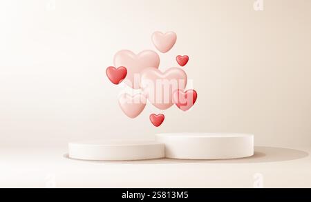 Floating 3D Hearts on a Minimal Platform for Romantic Displays. A set of 3D red and pink hearts elegantly floating above a minimal white platform Stock Vector