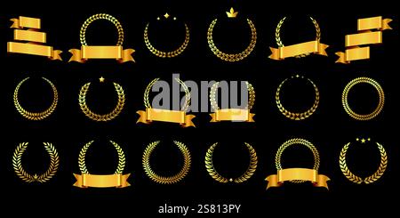 Golden laurel wreaths with ribbons. Award prize winner success certificate gold badges, premium quality achievement icons, vintage decorative elements Stock Vector