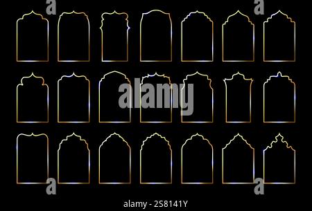 Golden Indian frame. Goldwork luxury decorative goldish borders, golden arabesque oriental gild patterns, elegant islamic window and door shapes colle Stock Vector