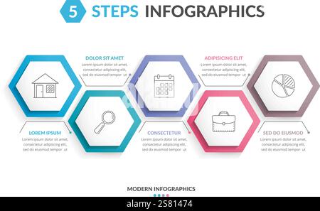 Infographic template with 5 hexagons with line icons, process chart, creative business infographics, vector eps10 illustration Stock Vector