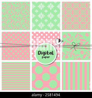 Mint Green and Pink. Perfect Harmony seamless patterns. Stock Vector