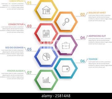 Infographic template with 7 hexagons with line icons, process chart, vector eps10 illustration Stock Vector