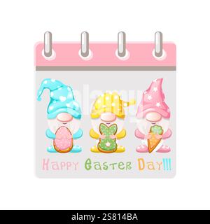 Calendar page for Easter Day with Gnomes and Easter cookies for your greeting card,calendars, stickers or icons. Happy Easter Day Stock Vector