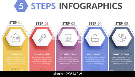 Infographic template with 5 hexagons with line icons, process chart, vector eps10 illustration Stock Vector