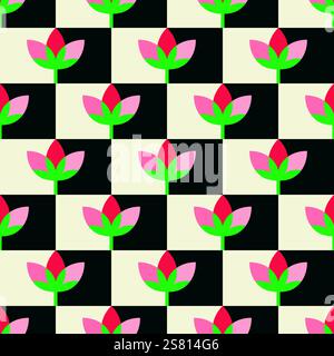 Checkered board bright flower shape abstract seamless pattern. Decorative geometrical grid. Black white pink shades vintage colours palette. Graphical Stock Vector