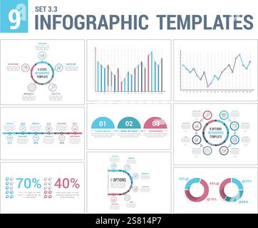 9 infographic templates - timeline, bar and line charts, pie chart, percents, steps/options, circle diagram, vector eps10 illustration Stock Vector