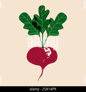 Fresh beet. Cartoon ripe beetroot with green leaves risograph style, flat organic vegetable healthy nutrition food, sweet tuber crop linocut effect. V Stock Vector