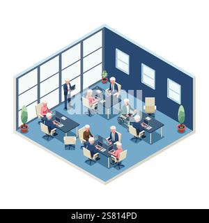 Isometric Elderly People Working in a Modern Office and Collaborating on Laptops and Tablet. Elderly or Aging Workforce Concept Stock Vector
