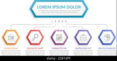 Infographic template with hexagons with main idea and 5 steps or options, workflow, process chart, vector eps10 illustration Stock Vector