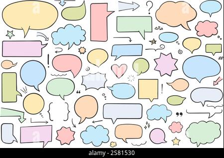 Collection of hand drawn speech bubbles, arrows and other design elements, solid shapes, soft colors for dark text, vector eps10 illustration Stock Vector