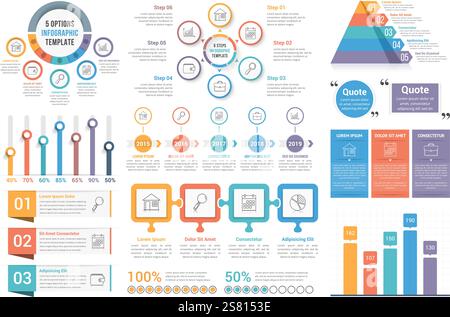 Infographic elements - circle diagrams, timeline, bar graphs, pyramid chart, steps, options, vector eps10 illustration Stock Vector