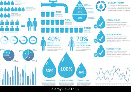 Water infographic elements - drops, bottles, people, graphs, percents, vector eps10 illustration Stock Vector