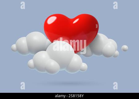 3D realistic heart in clouds on blue sky background. Romantic love heaven design for Valentines Day Stock Vector