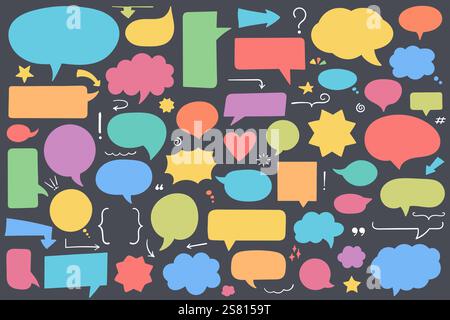 Collection of colored hand drawn speech bubbles, arrows and other ...