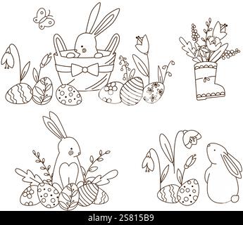 Easter coloring book pages collection with bunny eggs and flower Black and white line doodle drawing Stock Vector