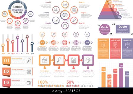 Infographic elements - circle diagrams, timeline, bar graphs, pyramid chart, steps, options, vector eps10 illustration Stock Vector