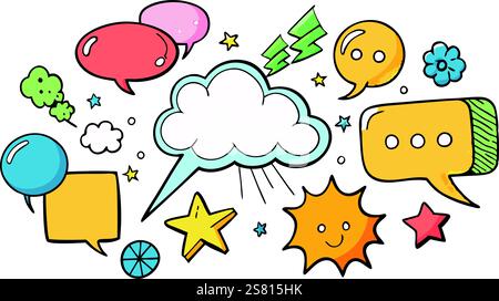 Set of hand drawn speech bubbles, stars, and playful design elements like clouds, lightning, and arrows, perfect for comic style designs and social me Stock Vector