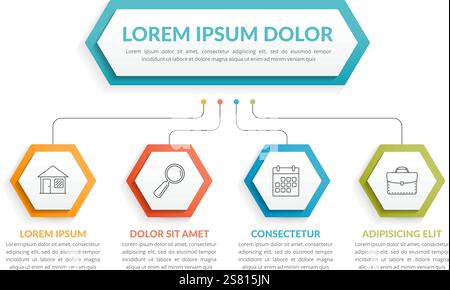 Infographic template with hexagons with main idea and 4 steps or options, workflow, process chart, vector eps10 illustration Stock Vector