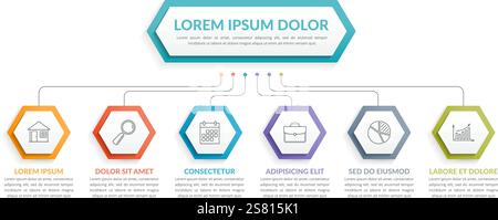 Infographic template with hexagons with main idea and 6 steps or options, workflow, process chart, vector eps10 illustration Stock Vector