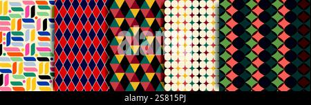 Seamless multi colored retro abstract shapes pattern set. Vector geometric ornament collection. Repetitive colorful wallpaper. Vector endless texture Stock Vector