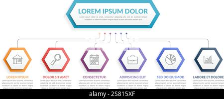 Infographic template with hexagons with main idea and 6 steps or options, workflow, process chart, vector eps10 illustration Stock Vector