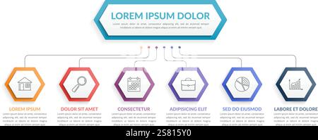 Infographic template with hexagons with main idea and 6 steps or options, workflow, process chart, vector eps10 illustration Stock Vector