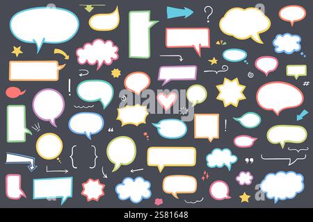 Collection of colored hand drawn speech bubbles, arrows and other design elements, vector eps10 illustration Stock Vector