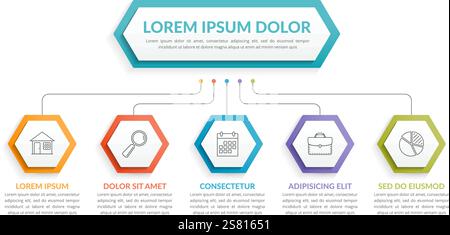Infographic template with hexagons with main idea and 5 steps or options, workflow, process chart, vector eps10 illustration Stock Vector