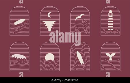 Retro style, bohemian lines, abstract surfing, ocean, sea badge, icon, design. Simple geometric surf camp, resort template, design frame. Stock Vector